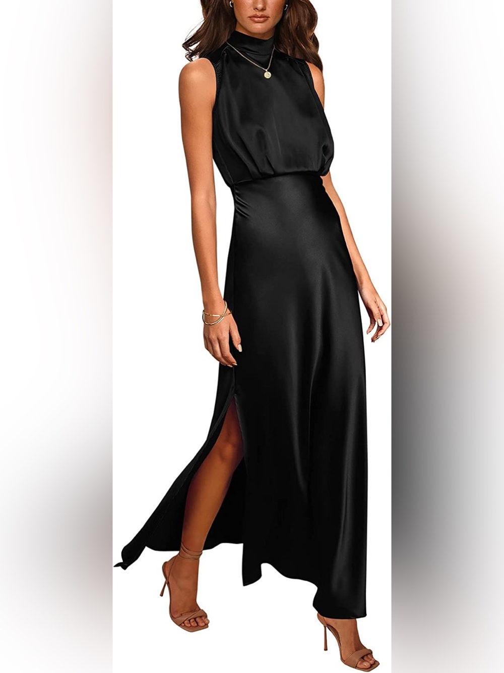 PRETTYGARDEN Women's Long Formal Satin Dress Mock Neck Sleeveless Side Slit Flow